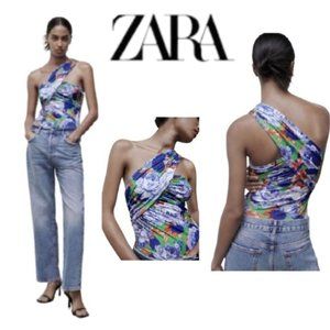 NWT Zara Printed Asymmetrical Bodysuit in Floral Pattern Size S